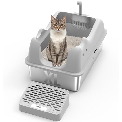 Furkid XL Extra große geschlossene Katzentoilette, Edelstahl, hochseitiges Metall mit Deckel, antihaftbeschichtet, auslaufsicher, einfache Reinigung, Grau von furkid