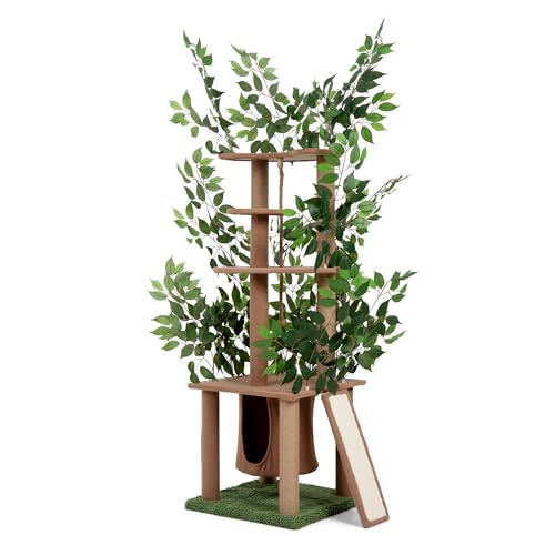 Katzbaum mit künstlichen Grünpflanzen– Ultrahohes 5-stufiges Design (195 cm) – Mit gemütlicher Ruhezone für Katzen ausgestattet – Vielseitige Unterhaltungsfunktionen zum Verstecken, Kratzen und Klette von furpal