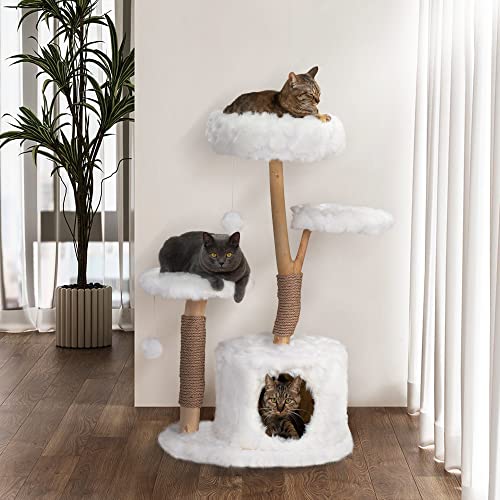 Natur-Kratzbaum Weiß aus Massivholz & Plüsch, Katzenbaum mit Plattformen, Kuschelhöhle & Spielbällen, 109cm Stabiler Katzenkratzbaum Indoor Natur-Kratzbaum Weiß aus Massivholz & Plüsch, Katzenbaum mit Plattformen, Kuschelhöhle & Spielbällen, 109cm Stabiler Katzenkratzbaum Indoor von furpal