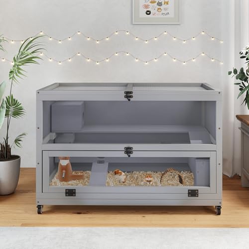 Tunnel Hamsterkäfig aus Holz 90x50x60cm – Rattenkäfig mit Acrylfenster & Metallgitter, Degu Käfig mit Rollen & klappbarem Deckel – Nagarium für Kleintiere in Grau von furpal