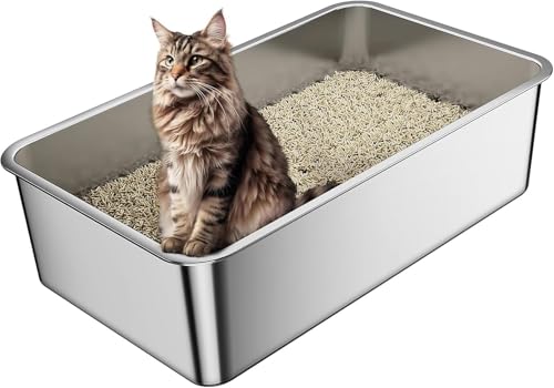 Edelstahl Katzenklo XXL (60x40x15cm) | Katzen Toilette Rostfreies 304er Stahl für Große Katzen bis 15kg | Glatte Oberfläche Geruchsneutral & Leicht zu Reinigen | Ideal für Maine Coon/Wohnung von fuzhik