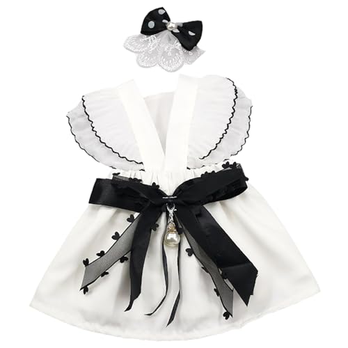 Haustierkleid mit fliegenden Ärmeln, Gauzy Spleißen, V-Ausschnitt, schwarze Schleife, Kunstperlen, Frühling, Sommer, kleine Hunde, Welpen, Kleidung, Haustierzubehör, Haustierbekleidung von fxwtich