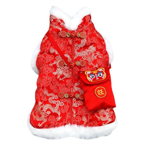 Haustierkleidung, Hundemantel, festlicher modischer Druck, exquisite Schnalle, verdickt mit roter Verpackung, hält warm, chinesischer Stil, Hundekleidung für Neujahrshunde von fxwtich