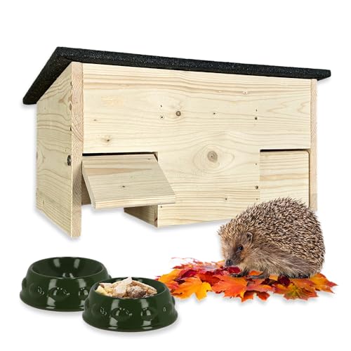 GARTENETAGE Igel-Futterhaus aus Holz mit Rattenklappen & 2er Schalen-Set – Wetterfeste Futterstation für Igel mit Schutz vor Katzen, Ratten & Regen – Naturnah & robust für den Garten von gartenetage