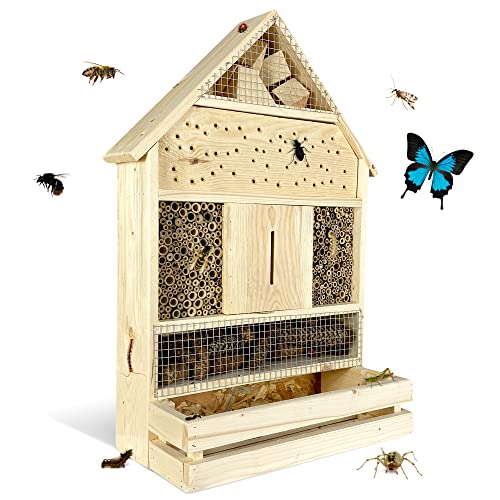 GARTENETAGE Insektenhotel zum Aufhängen XXL mit Pflanzenbalkon/Naturbelassenes, massives Insektenhaus & Bienenhotel/Insektenhotel Groß, Marienkäferhaus/Nisthilfe & Artenschutz von gartenetage