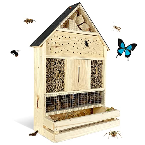 GARTENETAGE Insektenhotel zum Aufhängen XXL mit Pflanzenbalkon & Schieferdach/Naturbelassenes, massives Insektenhaus, Bienenhotel, Marienkäferhaus/Nisthilfe & Artenschutz von gartenetage