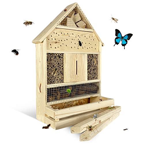 GARTENETAGE Stehendes Insektenhotel XXL mit Pflanzenoase/Naturbelassenes, massives Insektenhaus Groß & Bienenhotel/Insektenhotel zum Aufstellen/Nisthilfe & Artenschutz für Garten von gartenetage