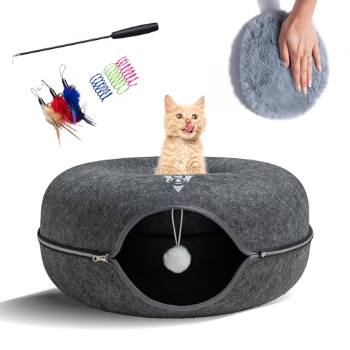 Katzentunnelbett für Indoor-Katzen, große Katzenhöhle mit robustem Metall-Reißverschluss, kratzfest und waschbar, 61 cm, Katzen-Donut-Tunnel mit 2 Spielzeugen und 1 Kissen, abnehmbarer runder Filz, Katzentunnelbett für Indoor-Katzen, große Katzenhöhle mit robustem Metall-Reißverschluss, kratzfest und waschbar, 61 cm, Katzen-Donut-Tunnel mit 2 Spielzeugen und 1 Kissen, abnehmbarer runder Filz, von Viyno
