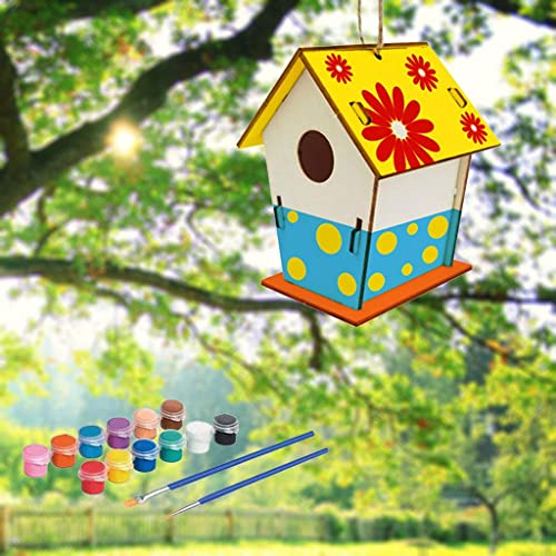 Vogelhaus-Bastelset zum Selbermachen, unlackiert, zum Aufhängen, Set mit 12 Farben und 2 Pinseln, für Kinder, Kunstprojekt, Haus, Garten, Dekoration Vogelhaus-Bastelset zum Selbermachen, unlackiert, zum Aufhängen, Set mit 12 Farben und 2 Pinseln, für Kinder, Kunstprojekt, Haus, Garten, Dekoration von getuse