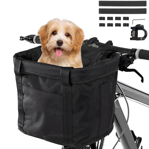 Goldmiky Fahrradkorb, Faltbar Wasserdicht Fahrrad Lenkerkorb, Abnehmbare Lenkerkorb Aluminiumlegierung Rahmen Hund Katze Haustier Träger für Kleiner Hund, Mountain Picknick, Einkaufen (Schwarz) von goldmiky