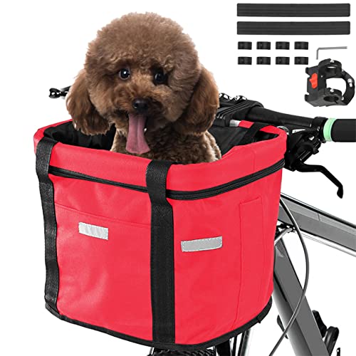 Goldmiky Faltbarer Fahrradkorb, Fahrradkorb Vorne für Hund, Easy Install Abnehmbare FahrradkorbTasche, mit Lenkeradapter für Kleiner Hunde, Einkaufen, Picknick (Rot) von goldmiky