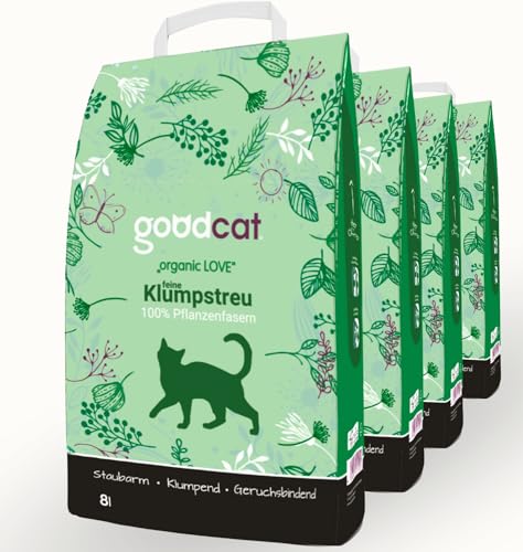 Goodcat Organic Love Kompostierbare Katzenstreu 4x8 Liter –Klumpstreu aus 100 Prozent Pflanzenfasern, Biologisch abbaubar von goodcat