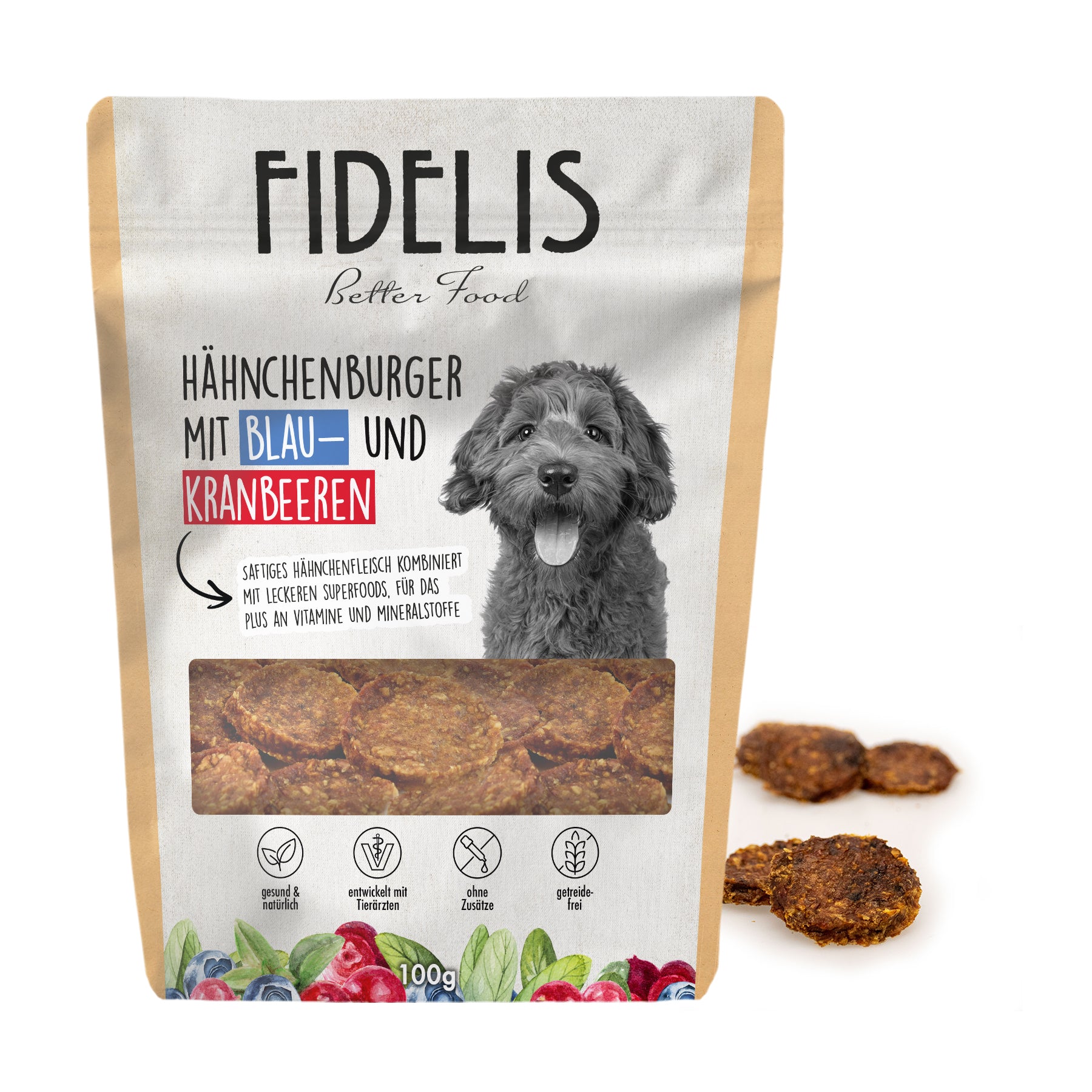 Hähnchenburger mit Blaubeeren und Kranbeeren (100g) von goodmoodpetfood