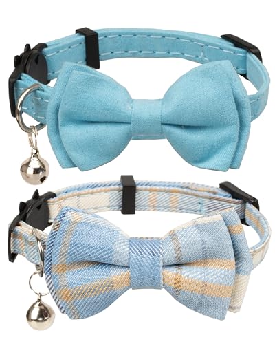 Gyapet Katzenhalsband, mit Sicherheitsverschluss und Glöckchen, verstellbar, einfarbig, kariert, Blau, 2 Stück von gyapet