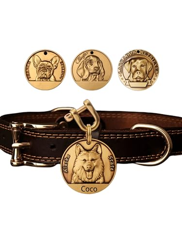Hundehalsband aus Leder, personalisierbar, mit Kupfer-Erkennungsmarken, gravierter Name und Telefonnummer, graviertes Namensschild aus massivem Messing für Hundeliebhaber Hundehalsband aus Leder, personalisierbar, mit Kupfer-Erkennungsmarken, gravierter Name und Telefonnummer, graviertes Namensschild aus massivem Messing für Hundeliebhaber von hadefa