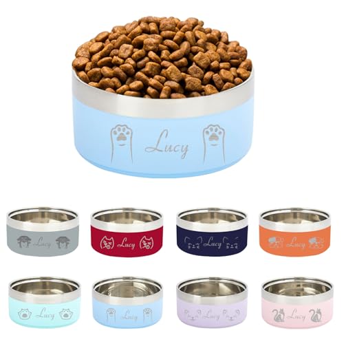 Personalisierter Haustiernapf mit Graviertem Namen, Edelstahl-Doppelschüssel für Katzen und Hunde, rutschfeste Basis, Perfekt als Besonderes Haustiergeschenk (Hellblau) von half-acre square pond