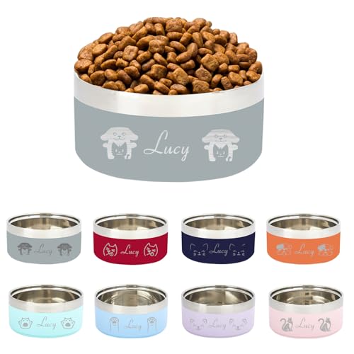 Personalisierter Haustiernapf mit Name und Muster, Edelstahl-Schüssel für Katzen und Hunde, Großvolumig mit Rutschfester Gummibasis (Grau) von half-acre square pond