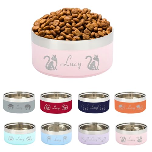 Personalisierter Haustiernapf mit Name und Muster, Edelstahl-Schüssel für Katzen und Hunde, Großvolumig mit Rutschfester Gummibasis (Rosa) von half-acre square pond