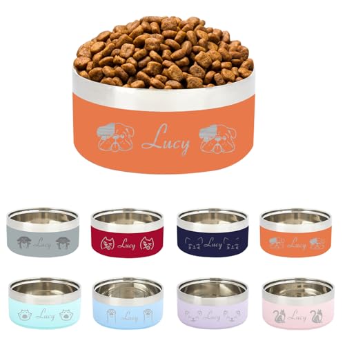 Personalisierter Haustiernapf mit Namen, Laser-Gravierte Edelstahl-Schüssel für Hunde und Katzen Aller Größen, rutschfeste Basis, Essentieller Fressnapf (Orange) von half-acre square pond