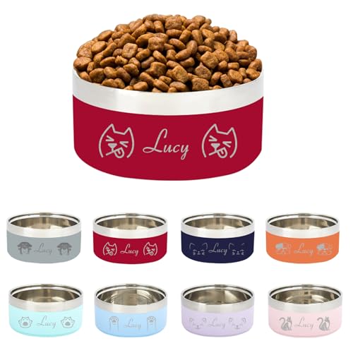 Personalisierter Haustiernapf mit Namen, Laser-Gravierte Edelstahl-Schüssel für Hunde und Katzen Aller Größen, rutschfeste Basis, Essentieller Fressnapf (Rot) von half-acre square pond