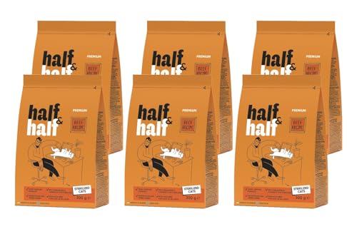 Half&Half - Katzenfutter Trocken - Trockenfutter für Katzen - für Erwachsene Katze sterilisiert - Rindfleisch - mit getrocknetem frischem Fleisch, mit VIT. A, D3, E - 6er-Pack (6x300 g) von half&half