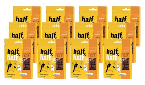 half&half - Katzen Leckerlies - Katzenleckerlis - für Erwachsene Katze - Huhn - Katzensnacks mit hohem Fleischanteil und mit Vitamin A, D3, E - 12er-Pack (12x50 g) von half&half