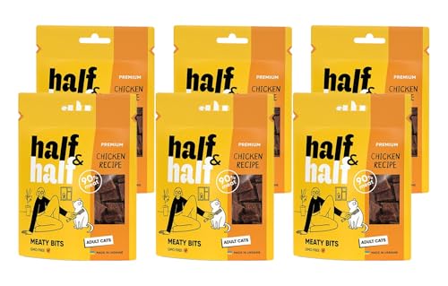 half&half - Katzen Leckerlies - Katzenleckerlis - für Erwachsene Katze - Huhn - Katzensnacks mit hohem Fleischanteil und mit Vitamin A, D3, E - 6er-Pack (6x50 g) von half&half