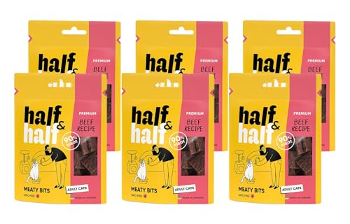 half&half - Katzen Leckerlies - Katzenleckerlis - für Erwachsene Katze - Rindfleisch - Katzensnacks mit hohem Fleischanteil und mit Vitamin A, D3, E - 6er-Pack (6x50 g) von half&half
