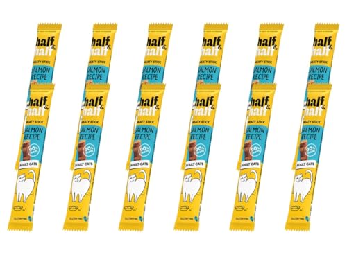 half&half - Katzen Leckerlies - Katzenleckerlis - für Fleischige Sticks für ausgewachsene Katzen - Lachs - Katzensnacks mit hohem Fleischanteil und mit Vitamin A, D3, E - 12er-Pack (12x5 g) von half&half