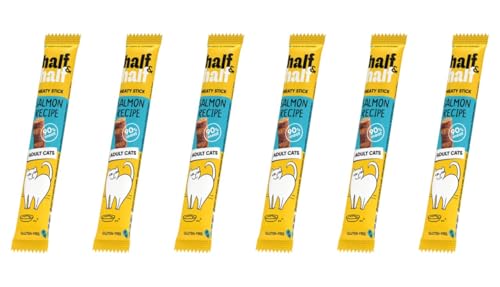 half&half - Katzen Leckerlies - Katzenleckerlis - für Fleischige Sticks für ausgewachsene Katzen - Lachs - Katzensnacks mit hohem Fleischanteil und mit Vitamin A, D3, E - 6er-Pack (6x5 g) von half&half