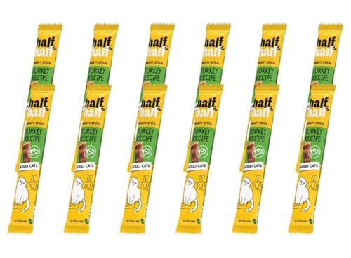 half&half - Katzen Leckerlies - Katzenleckerlis - für Fleischige Sticks für ausgewachsene Katzen - Türkei - Katzensnacks mit hohem Fleischanteil und mit Vitamin A, D3, E - 12er-Pack (12x5 g) von half&half