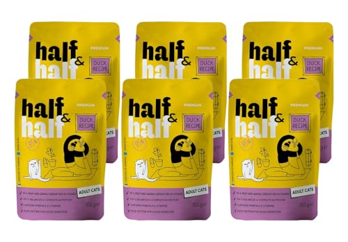 half&half - Katzenfutter Nass - Katzennassfutter - für Erwachsene Katze - Ente - Hoher Fleischanteil, mit Vitamin E, Zink, Taurin - 6er-Pack (6x100 g) von half&half