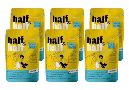 half&half - Katzenfutter Nass - Katzennassfutter - für Erwachsene Katze - Lachs - Hoher Fleischanteil, mit Vitamin E, Zink, Taurin - 6er-Pack (6x100 g) von half&half