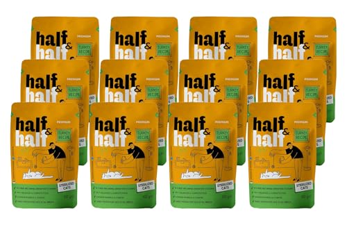 half&half - Katzenfutter Nass - Katzennassfutter - für Erwachsene Katze sterilisiert - Türkei - Hoher Fleischanteil, mit Vitamin E, Zink, Taurin - 12er-Pack (12x100 g) von half&half