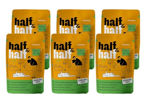 half&half - Katzenfutter Nass - Katzennassfutter - für Erwachsene Katze sterilisiert - Türkei - Hoher Fleischanteil, mit Vitamin E, Zink, Taurin - 6er-Pack (6x100 g) von half&half
