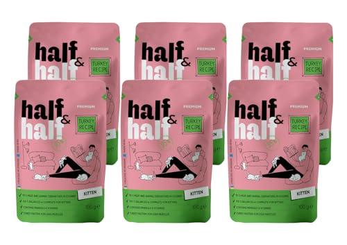 half&half - Katzenfutter Nass - Katzennassfutter - für Kätzchen - Türkei - Hoher Fleischanteil, mit Vitamin E, Zink, Taurin - 6er-Pack (6x100 g) von half&half