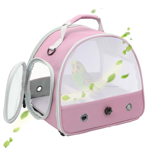 Transportbox für Vögel, tragbar, für kleine Vögel, Papageien, Sittiche, mit Stehstange und Edelstahl-Tablett, seitliches Zugangsfenster, zusammenklappbar (Rosa, Netzfenster) von halinfer