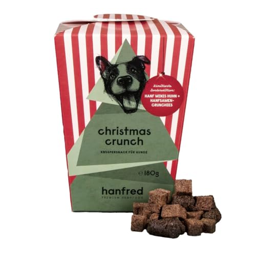 Christmas Crunch - Geschenk für Hundebesitzer, Weihnachten, Snack für Hunde, in Geschenkverpackung, unterstütz Verdauung und Gelenke, Vegane Hanfsamencrunchies und Huhn Mini 180g von hanfred