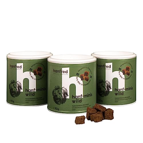 Hanf Minis für kleine Hunde, Snack für Hunde in Würfelform - Getreidefrei, bessere Konzentration, Naturprodukt aus Österreich, 3 x 90g - (Rotwildfleisch) von hanfred