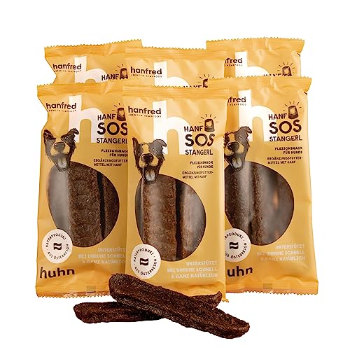 Hanfred SOS Stangerl enthalten Hühnerfleisch getrocknet und Hanfpulver - Snack für Hunde, getreidefrei, bei Unruhe, gegen Stress, unterstützt die Verdauung und Gelenke (6 x 65g) von hanfred