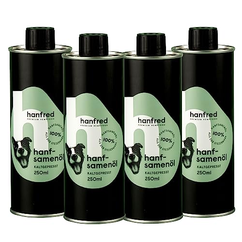 Hanfsamenöl, Kaltgepresst, natürliche Futterergänzung, Omega 3, Omega 6 Fettsäuren für Hunde, Vegan, Österreichisches Qualitätsprodukt (4 x 250ml) von hanfred