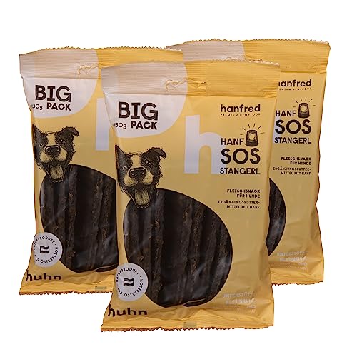 SOS Big Pack Stangerl Huhn, Hundesnack mit natürlichem Hanf, Snack für Hunde, Futterergänzung, getreidefrei, bei Unruhe, gegen Stress, 3 x 130g SOS Big Pack Stangerl Huhn, Hundesnack mit natürlichem Hanf, Snack für Hunde, Futterergänzung, getreidefrei, bei Unruhe, gegen Stress, 3 x 130g von hanfred