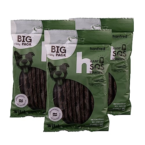 SOS Big Pack Stangerl Wild, Hundesnack mit natürlichem Hanf, Snack für Hunde, Futterergänzung, getreidefrei, bei Unruhe, gegen Stress, 3 x 130g von hanfred