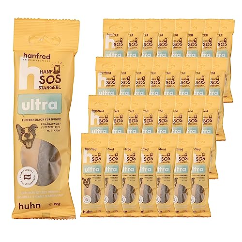 SOS Ultra Huhn, enthalten Hühnerfleisch und Hanfpulver - Snack für Hunde, getreidefrei, bei Unruhe, gegen Stress, unterstützt die Verdauung und Gelenk, 32x 17g von hanfred