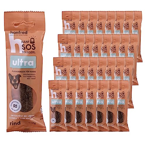 SOS Ultra Rind, enthalten Rindfleisch und Hanfpulver - Snack für Hunde, getreidefrei, bei Unruhe, gegen Stress, unterstützt die Verdauung und Gelenke, 32 x 17g von hanfred