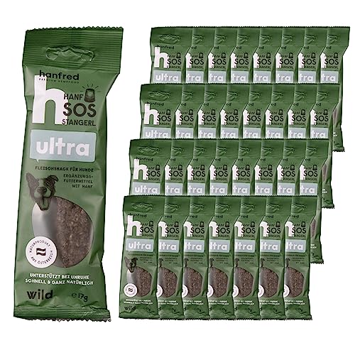 SOS Ultra Wild, enthalten Rotwildfleisch und Hanfpulver - Snack für Hunde, getreidefrei, bei Unruhe, gegen Stress, unterstützt die Verdauung und Gelenke, 32 x 17g von hanfred