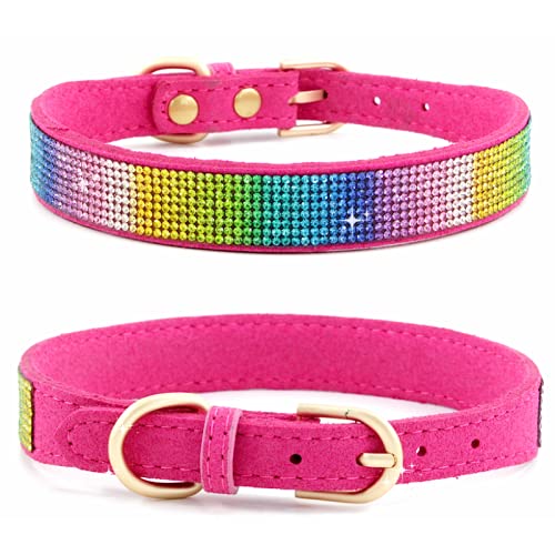 Haoyueer Strass-Hundehalsband, niedlich, schillernd, funkelnd, weiches Wildleder, für Hunde und Katzen, Strass, Kristall, Diamant, Haustier, Hunde, Welpenhalsband (L, Hot Pink-2) von haoyueer