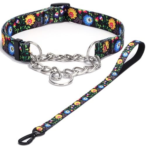 Haoyueer Martingale Hundehalsband und Leine, Edelstahlkette, kein Ziehen, Trainingshalsband mit Blumen-Design, für kleine, mittelgroße und große Hunde (NO22, M) von haoyueer