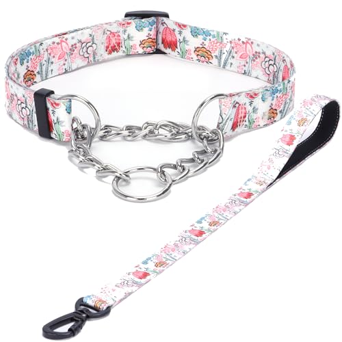 Haoyueer Martingale Hundehalsband und Leine, Edelstahlkette, kein Ziehen, Trainingshalsband mit Blumen-Design, für kleine, mittelgroße und große Hunde (NO26, M) von haoyueer