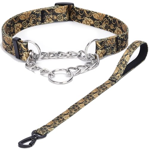 Haoyueer Martingale Hundehalsband und Leine, Edelstahlkette, kein Ziehen, Trainingshalsband mit Blumen-Design, für kleine, mittelgroße und große Hunde (NO32, S) von haoyueer